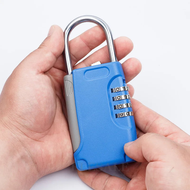 Blue and grey plastic combination padlock with a metal shackle held in two hands.