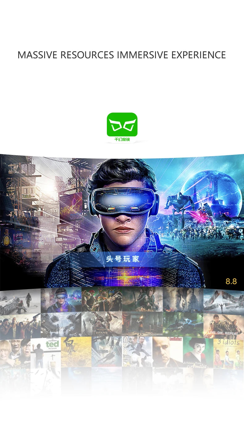 Black virtual reality smartphone headset featuring an immersive cinema display showing a montage of action movies.
