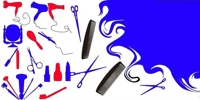 Graphic illustration featuring blue and red professional salon hairdressing scissors, combs, and hair styling tools.