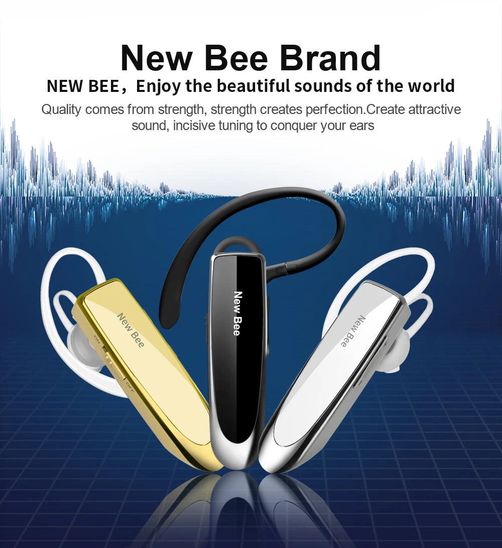 Gold, black, and silver wireless business headsets with an ear-hook design for a comfortable, secure fit.