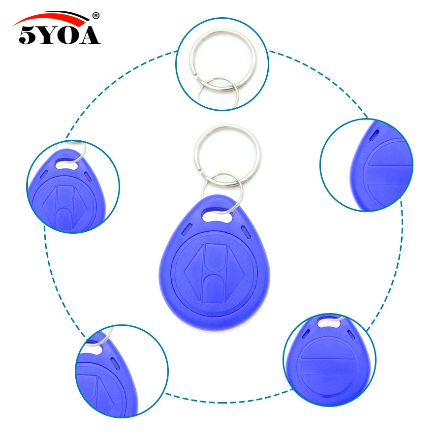 Blue plastic RFID key fob with metal keyring and embossed H-shaped design, shown from multiple angles.