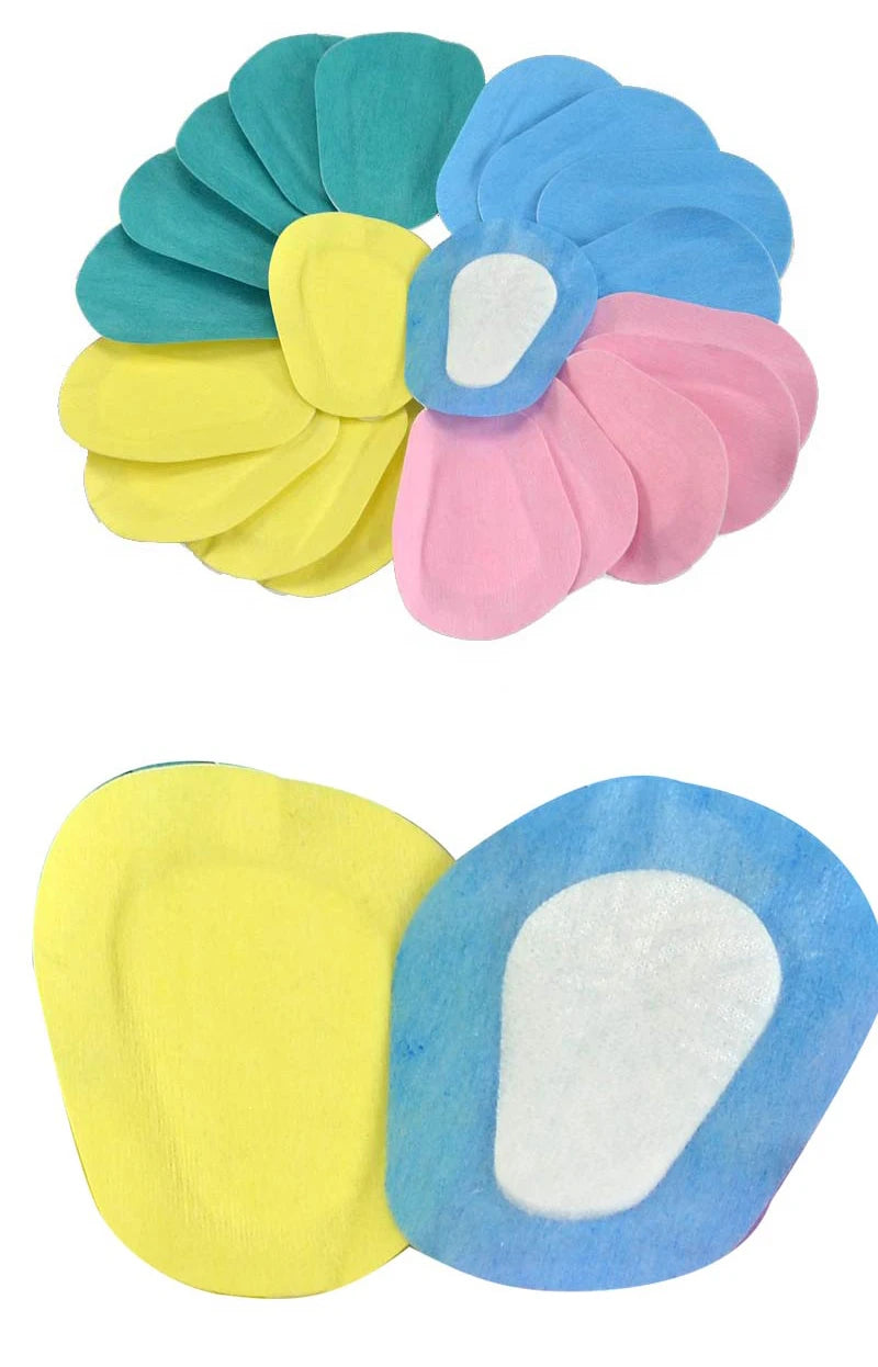 Multi-colored, non-woven fabric eye patches for children, shown in a stack and individually with white center pads.