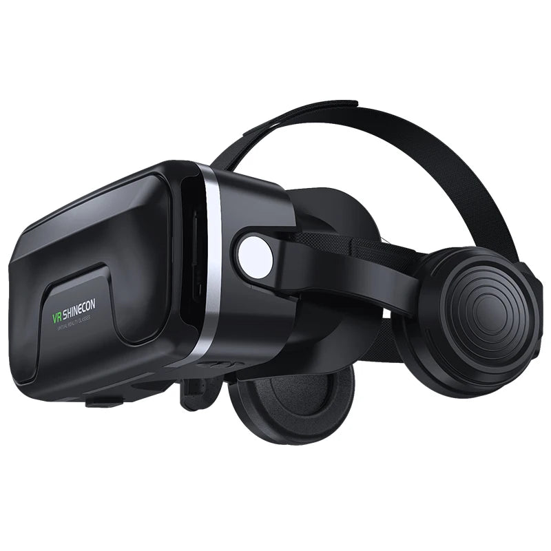 Black virtual reality headset for smartphones, featuring an adjustable head strap and integrated over-ear headphones.