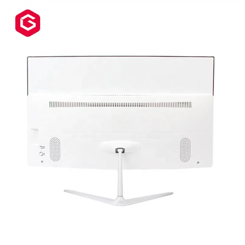 Rear view of a sleek, white 23.8-inch all-in-one desktop computer with an integrated stand and ventilation grille.
