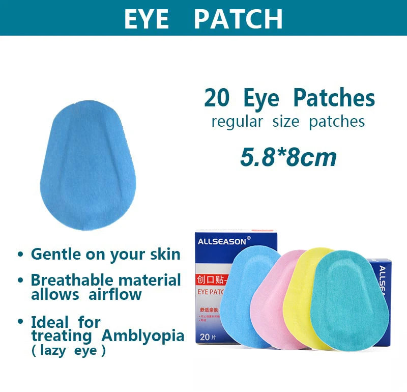Pack of 20 breathable fabric eye patches for amblyopia in blue, pink, yellow and teal. Measures 5.8 by 8 cm.
