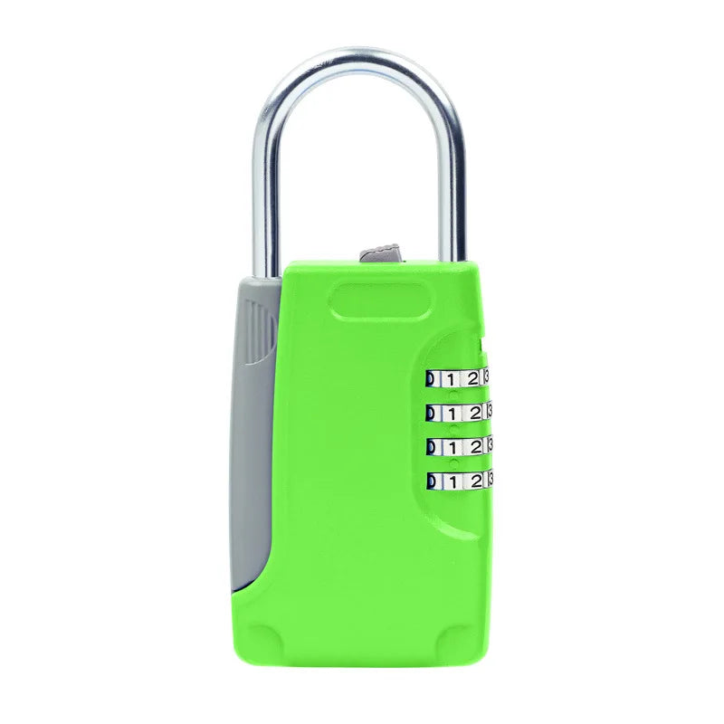 Bright green plastic padlock with a silver metal shackle and a 4-digit combination wheel mechanism on the side.