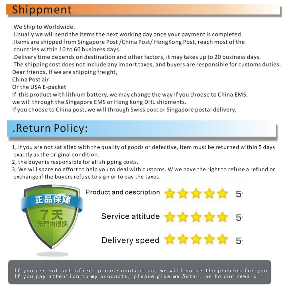 Information card featuring shipping and return policies, a green shield guarantee icon, and five-star rating graphics.