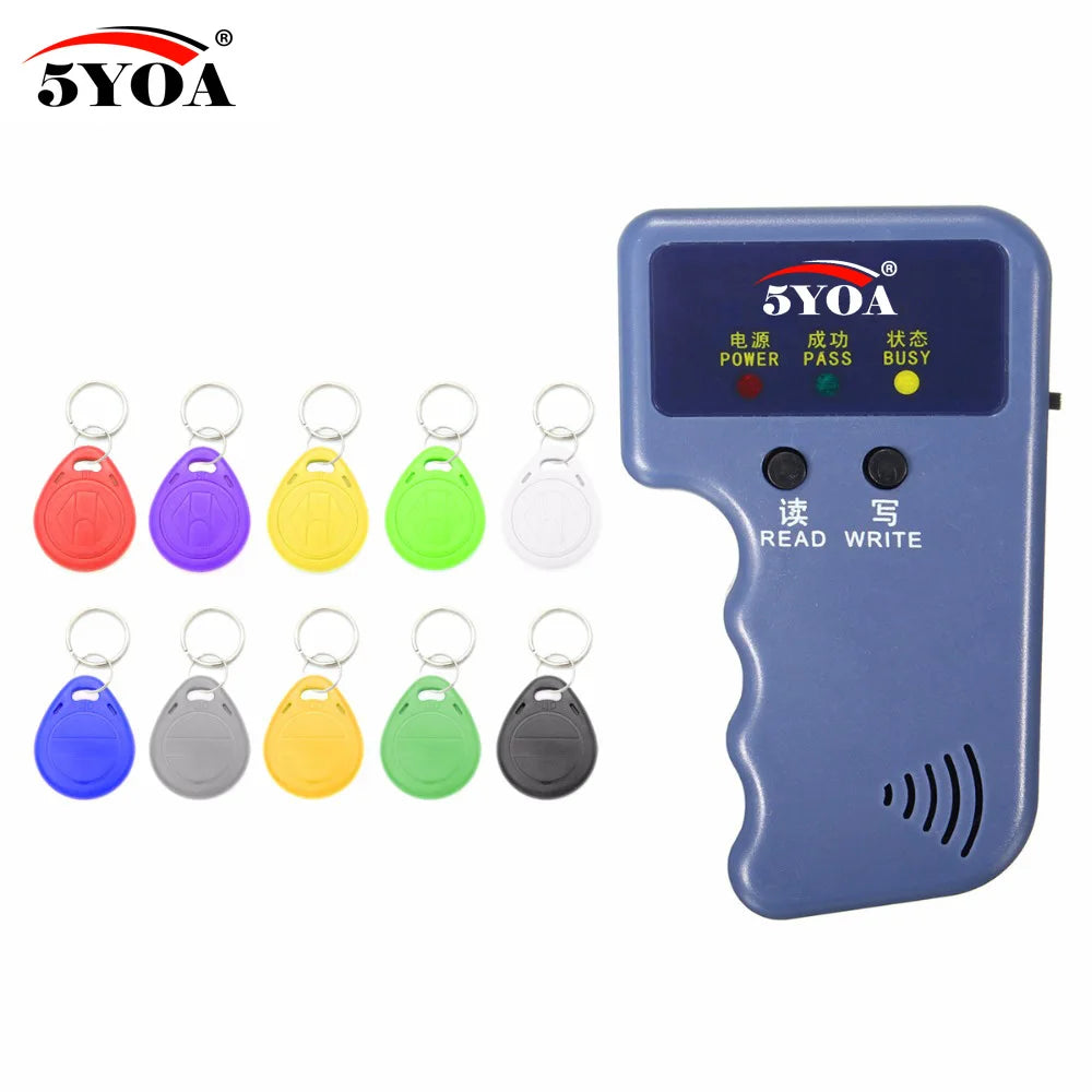 Blue plastic RFID card copier device with read/write buttons and ten assorted colorful plastic key fob tags.