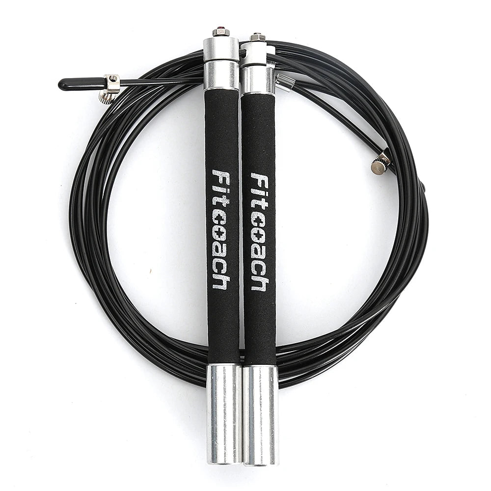 Black speed jump rope with coiled stainless steel cable and silver metal handles featuring black foam grips.