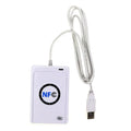 White plastic NFC smart card reader with a wired USB connector and blue NFC logo.