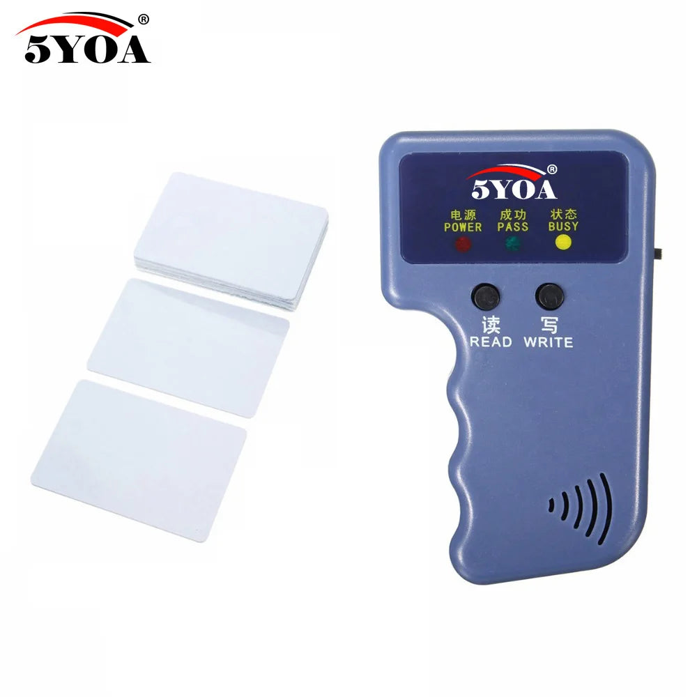 Blue plastic RFID card reader with read/write buttons and status lights, alongside three blank white plastic cards.