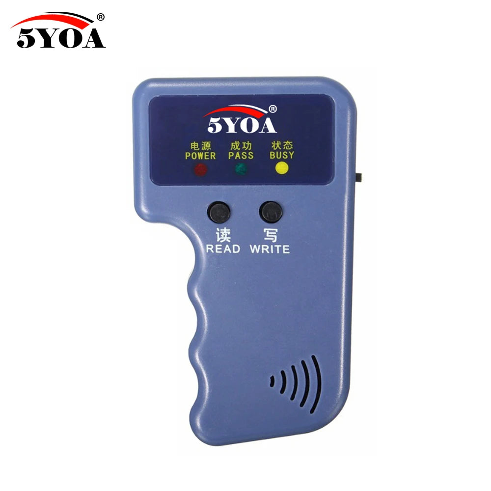 Blue plastic handheld RFID card reader/writer with Read and Write buttons and power, pass, and busy status LEDs.
