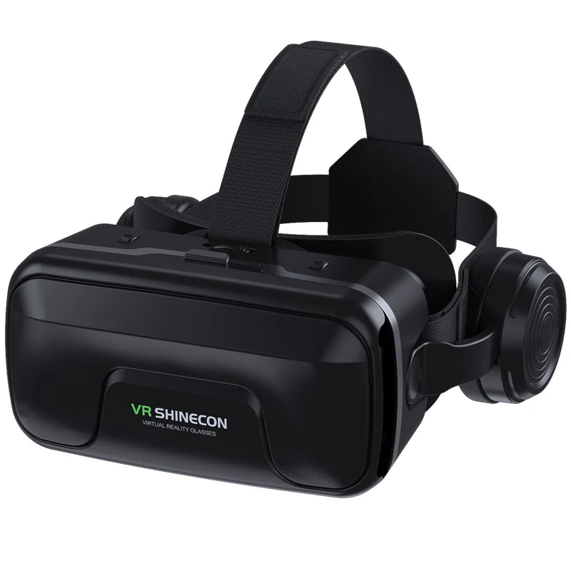 Black smartphone VR headset with integrated headphones, adjustable head straps, and a sleek, compact design.