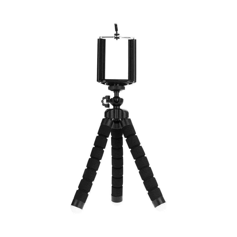 Flexible black mini tripod with a universal phone holder for stable photography and video recording.