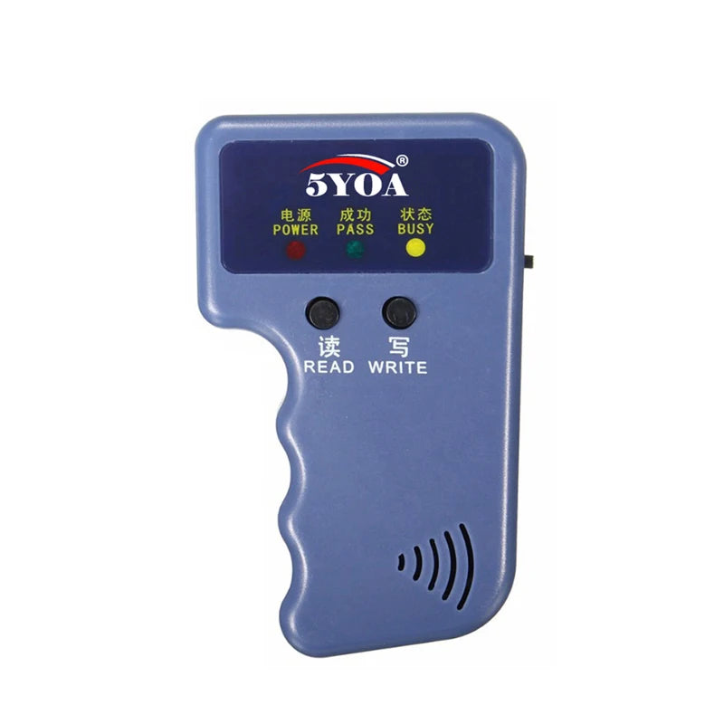 Blue plastic handheld RFID card copier with read and write buttons and LED indicator lights.
