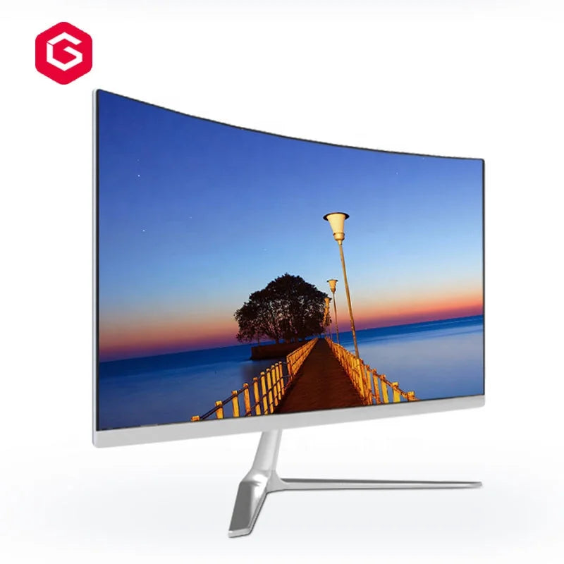 23.8-inch silver all-in-one desktop with a slim-bezel curved screen and modern tripod stand.