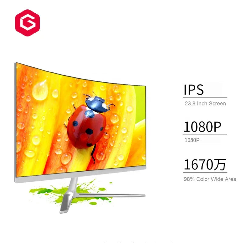 Sleek silver 23.8-inch all-in-one desktop with a vibrant IPS 1080p display on a modern minimalist stand.