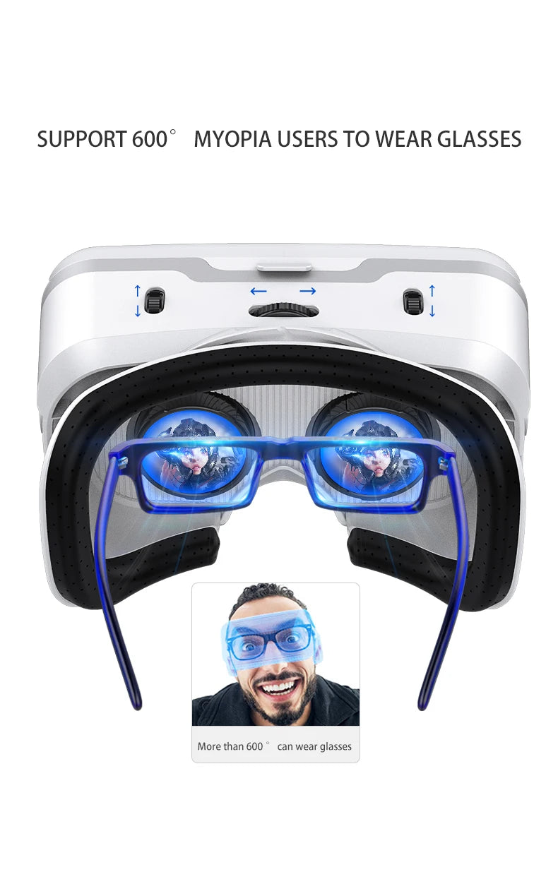 White VR headset with black padding, designed to comfortably accommodate glasses users for a clear viewing experience.