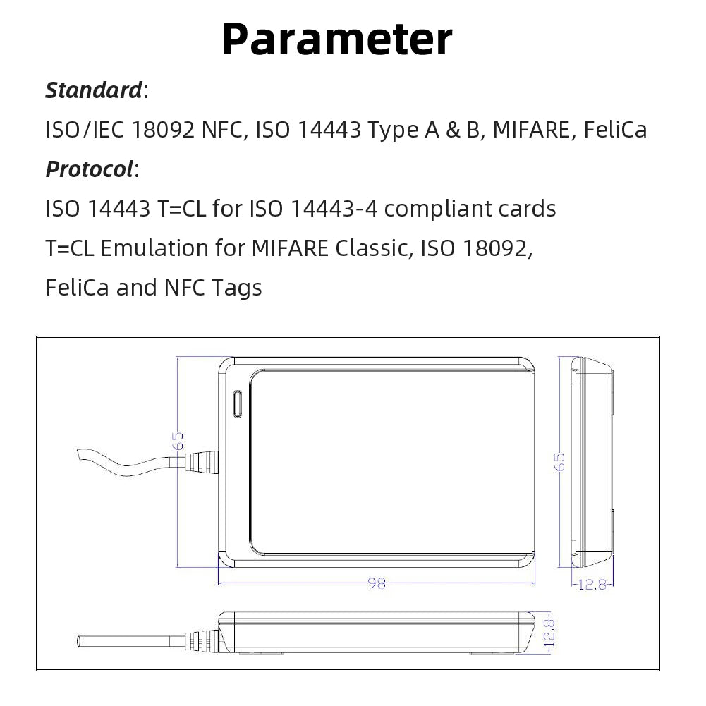 Technical drawing of a rectangular black plastic NFC card reader showing front, side, and top dimensions.