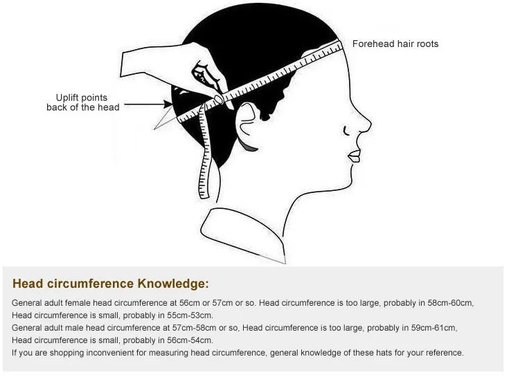 Line drawing demonstrating how to measure head circumference for correct hat sizing.