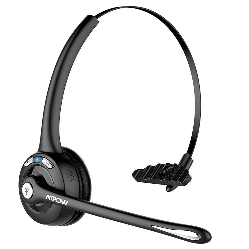 Black wireless office headset with a single earpiece, adjustable headband, and a boom microphone.