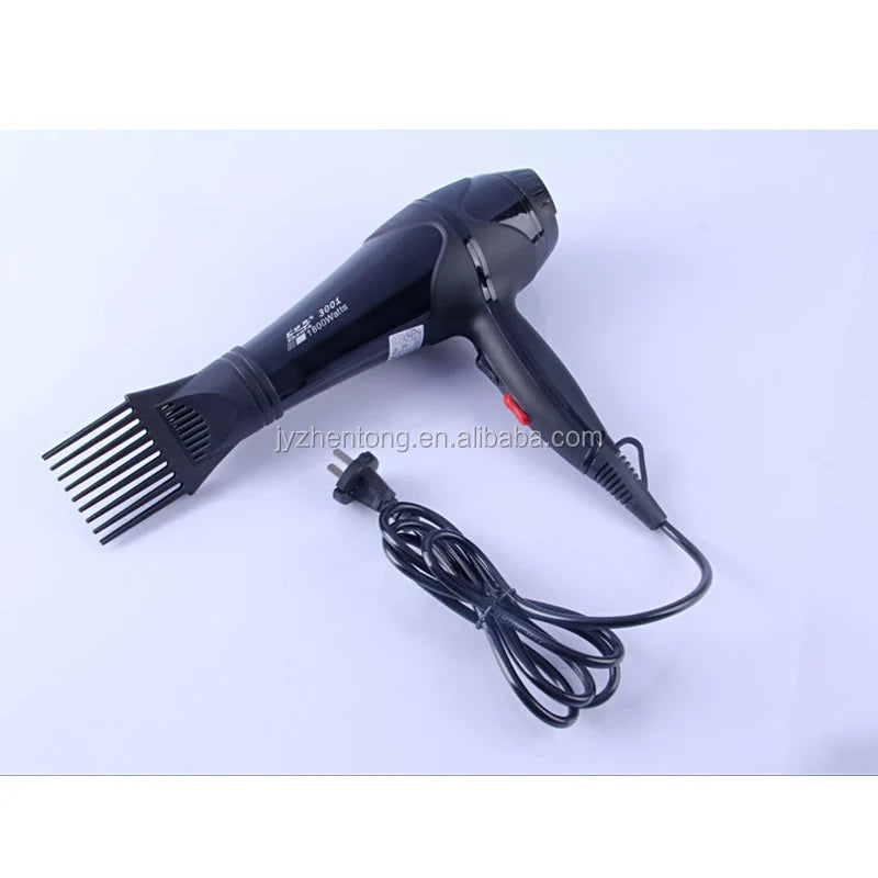 Black ionic hair dryer with a comb attachment, red control switch, and power cord against a white background.