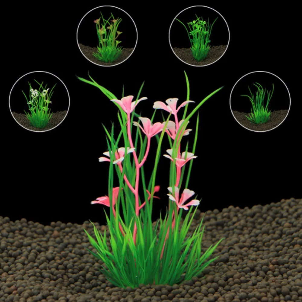Artificial aquarium plant with bright green grass and pink flowers, surrounded by four small inset images of other plants.