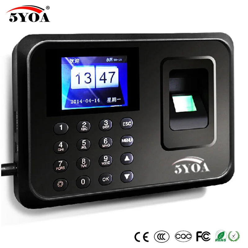 Black plastic biometric attendance machine with a digital display, numeric keypad, and a fingerprint scanner.