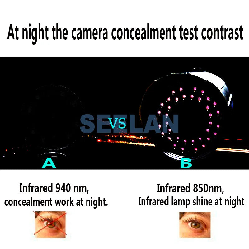 Comparison of a black 940nm infrared security camera and an 850nm infrared camera emitting visible red light at night.