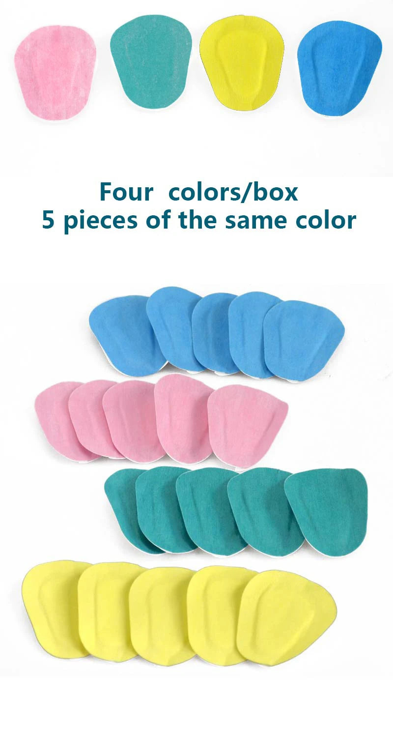 Sets of five adhesive, fabric-like eye patches in pink, teal, yellow, and blue.
