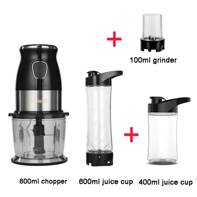 Black and silver kitchen blender set with 800ml chopper, 100ml grinder, and two portable juice cups (600ml and 400ml).