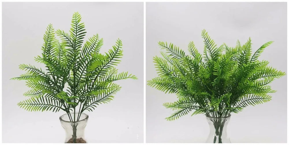 Two images of a vibrant green artificial fern plant with feathery, plastic fronds displayed in a glass vase.