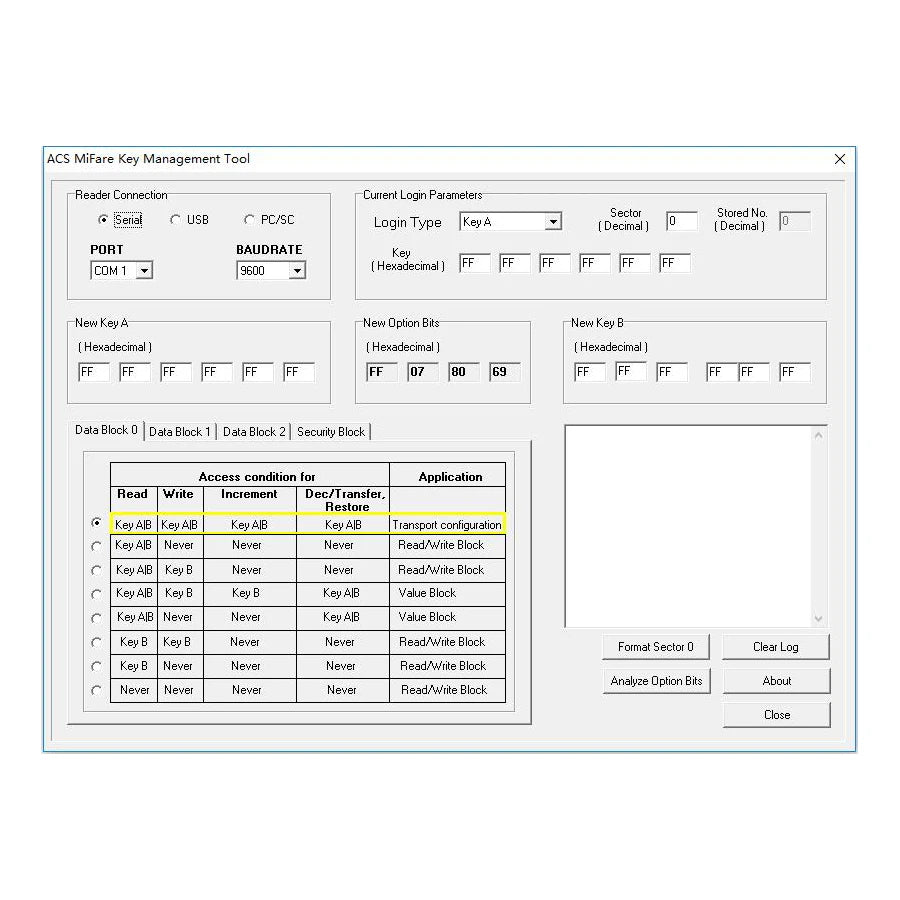 Software interface for ACS MiFare Key Management, showing connection settings, hexadecimal keys, and access tables.