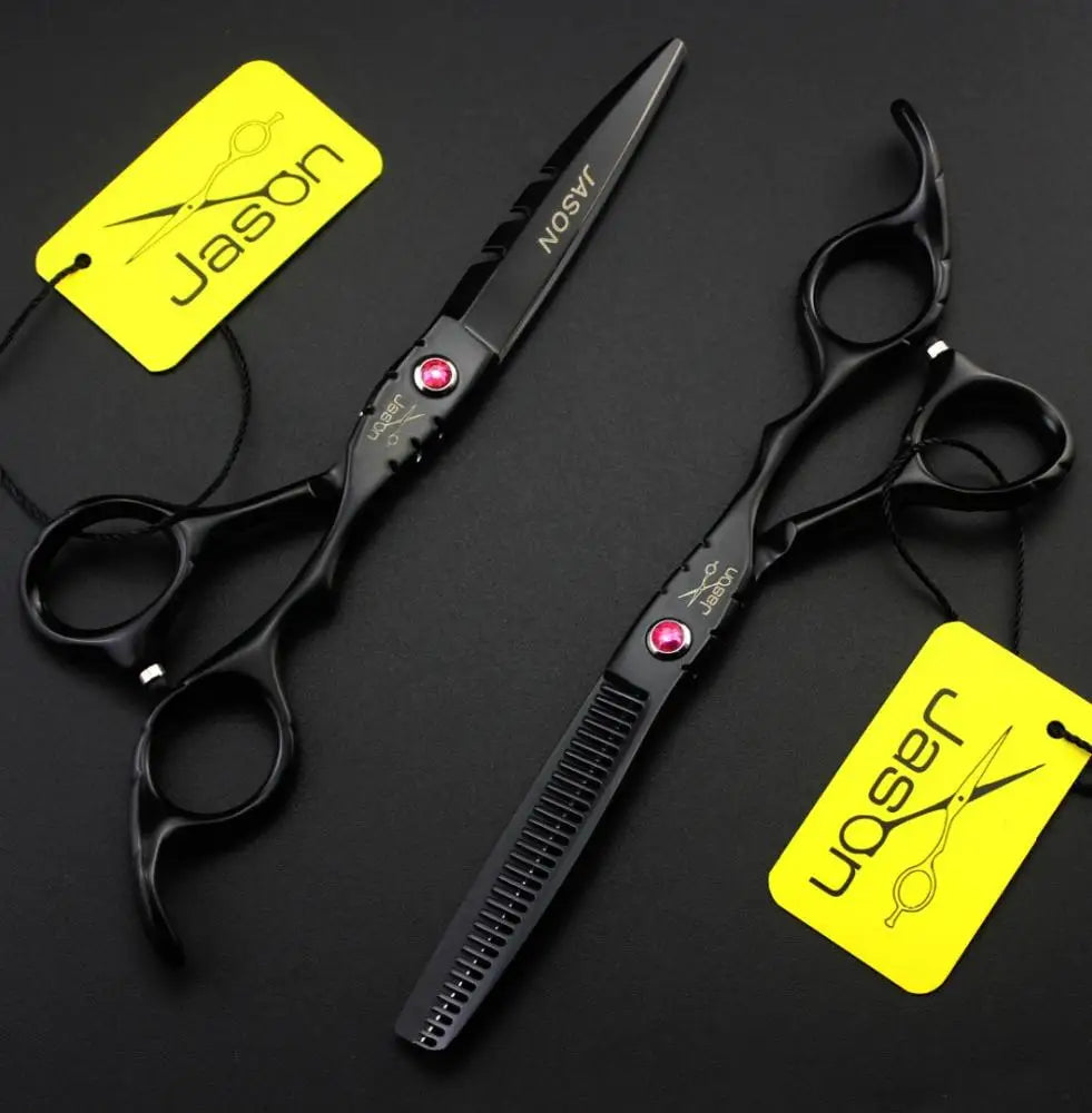 Pair of professional 5.5" matte black salon hairdressing scissors, featuring pink jewel accents and ergonomic handles.