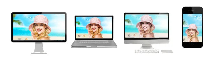 A digital display showing a woman wearing a light pink, vintage-style wide-brimmed felt hat on a beach.