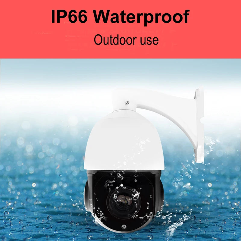 White plastic IP66 waterproof security dome camera for outdoor use with a wall-mounted bracket.