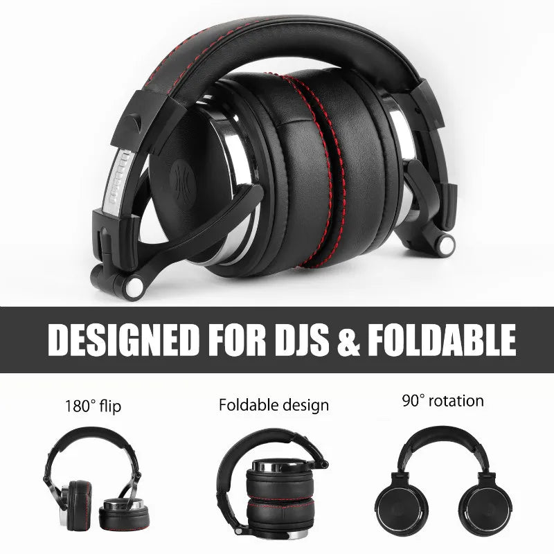 Black over-ear studio headphones with red stitching, foldable design, 180-degree flip, and 90-degree ear-cup rotation.