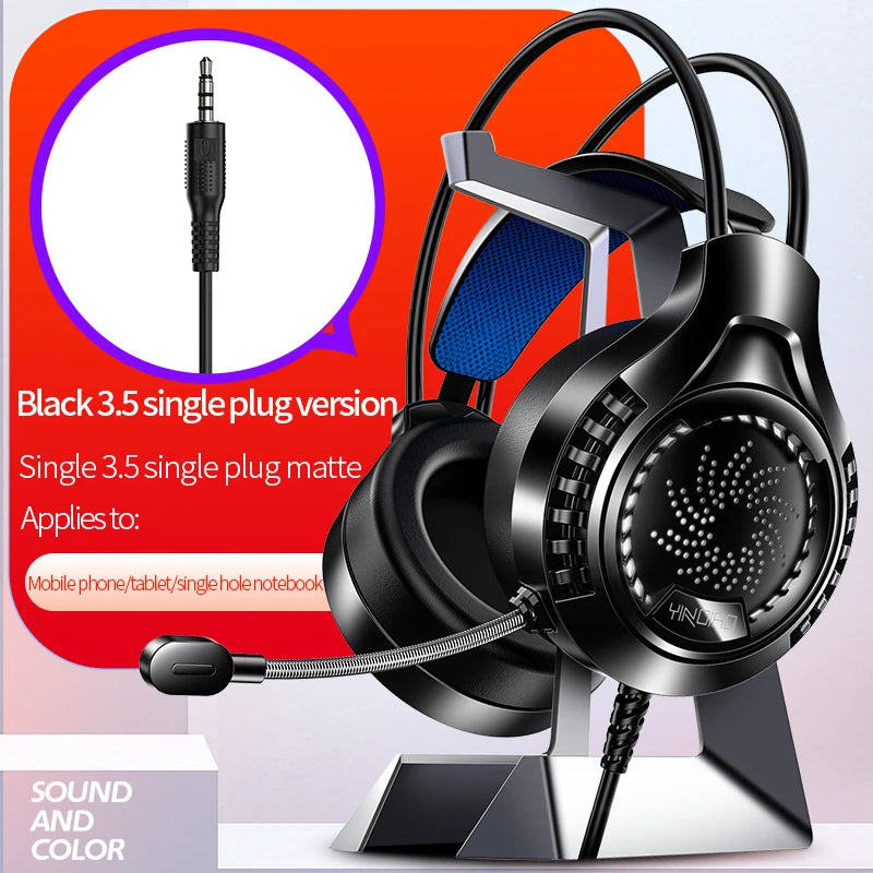 Black gaming headset with blue headband, flexible microphone, and RGB lighting on a stand with a 3.5mm jack plug.