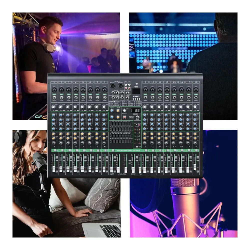 Black 16-channel audio mixing console with professional knobs, faders, and digital display for DJ and studio use.
