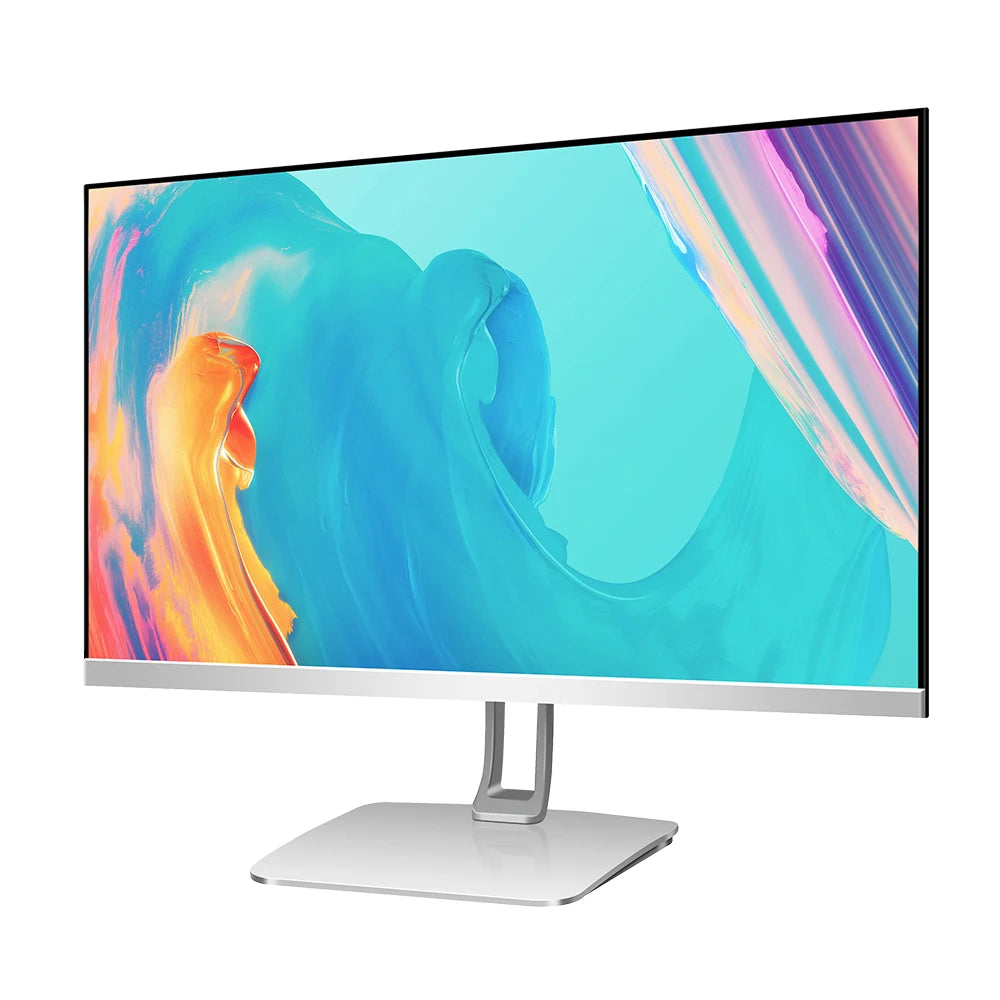 Sleek silver all-in-one desktop computer with a vibrant abstract screen display and minimalist stand.