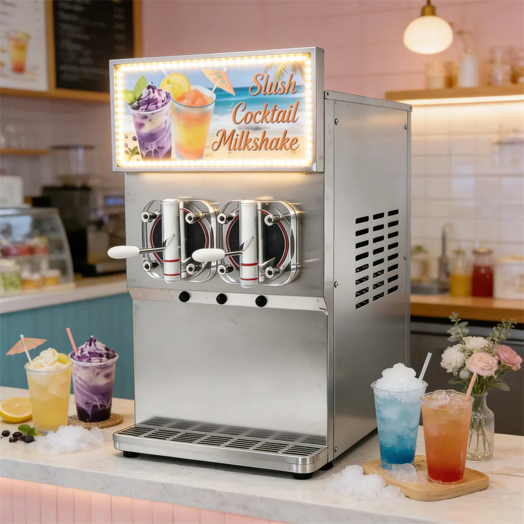 Stainless steel double-bowl slush, cocktail and milkshake machine for commercial catering use.