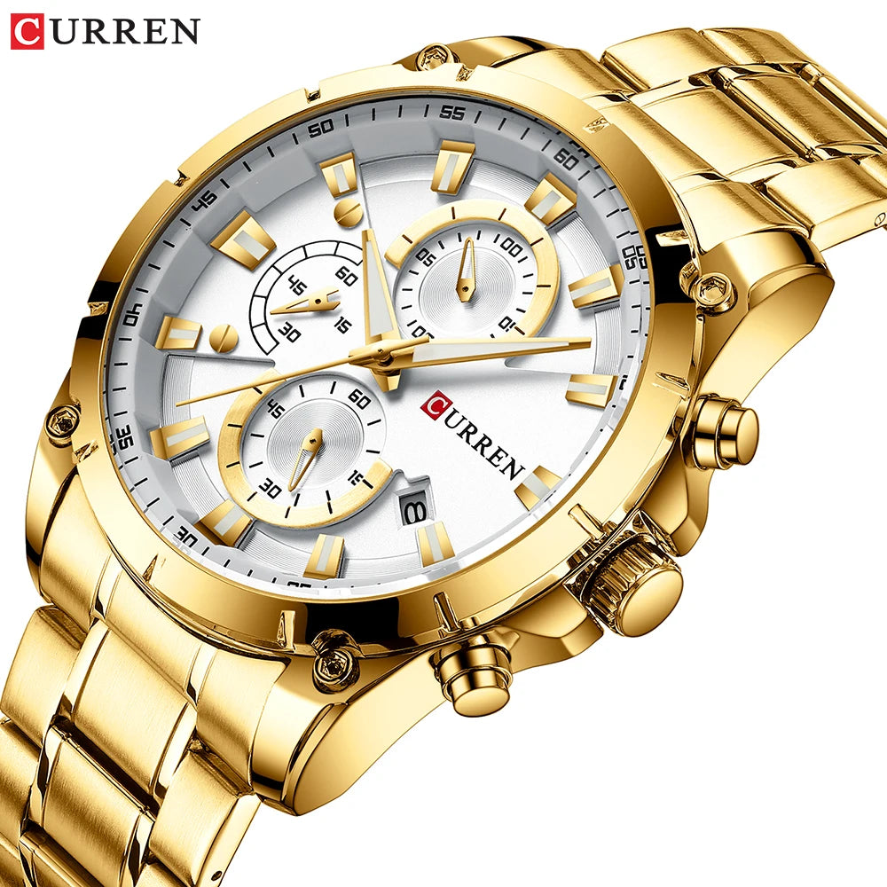 Men's luxury gold-tone stainless steel watch with a white dial, chronograph sub-dials, and a date display.