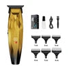 Gold-coloured cordless T-blade hair and beard trimmer with six guide combs, charging cable, and cleaning accessories.