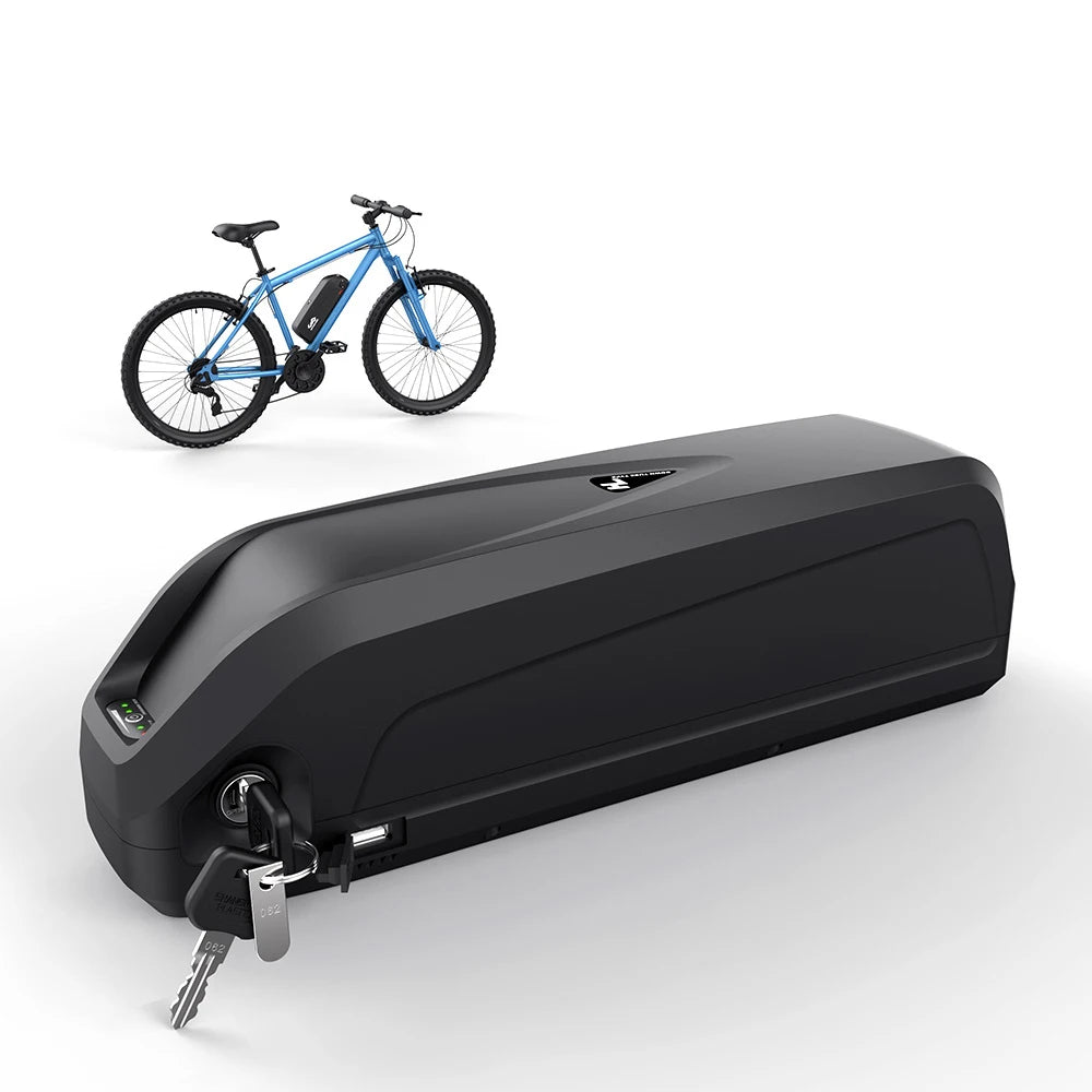 Black down-tube e-bike battery with integrated key lock and USB port, shown with a blue electric mountain bike.