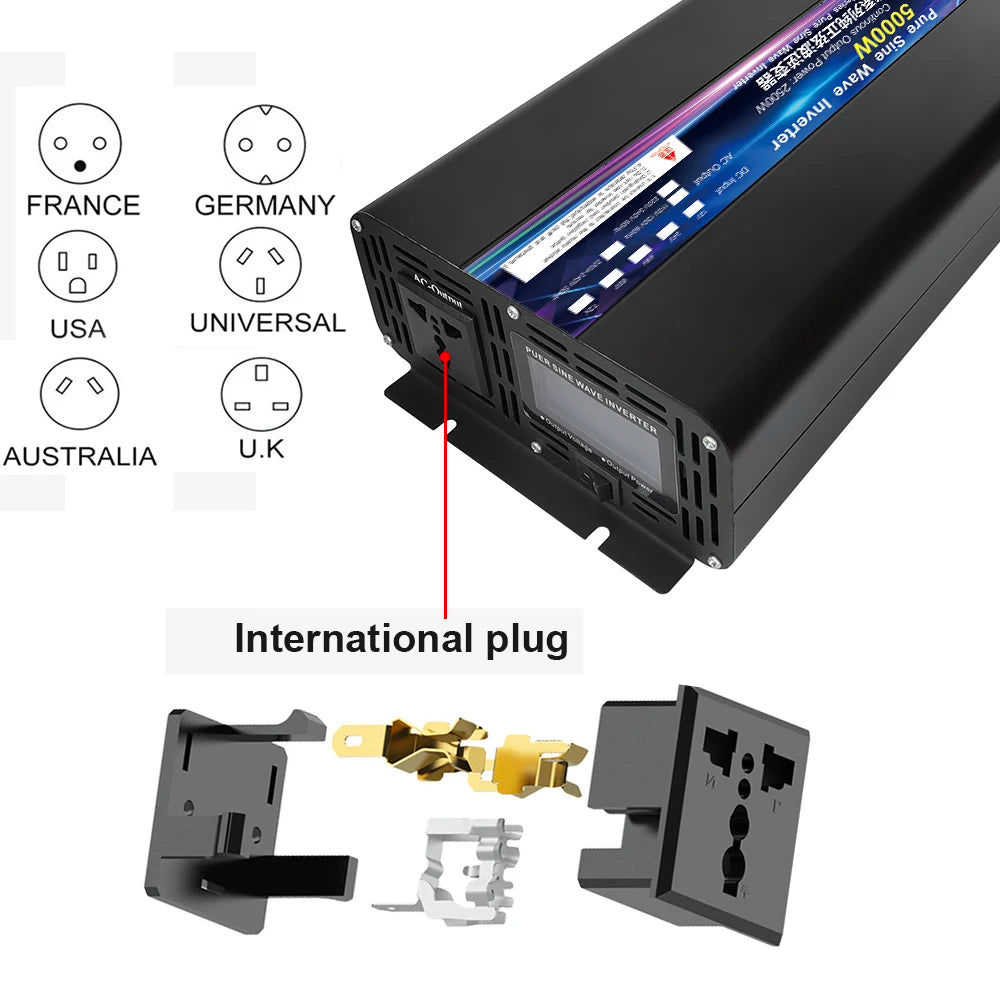 Black 5000W pure sine wave power inverter with a digital display and interchangeable international plug sockets.