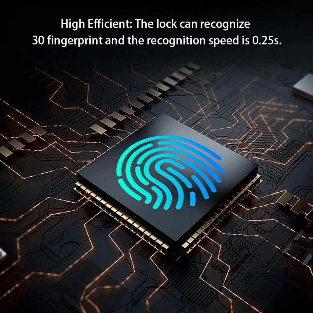 Black computer chip on a circuit board with a glowing blue fingerprint icon, showing fingerprint sensor technology.