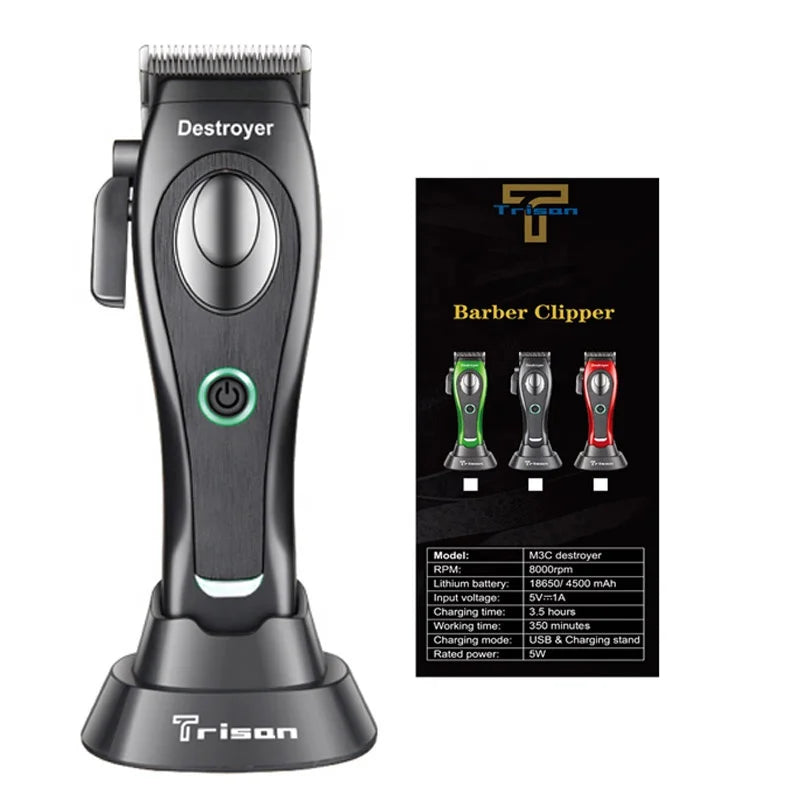 Professional cordless hair clipper in matte black on a charging stand, featuring an LED power button and metal blades.