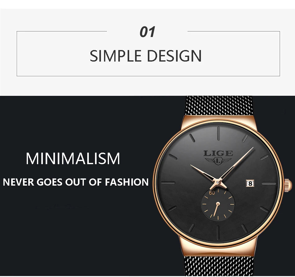Elegant women’s ultra-thin quartz watch with a black dial, rose gold case, and black stainless steel mesh strap.