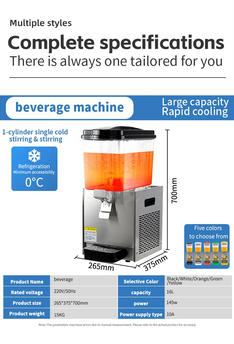 Stainless steel commercial slush machine with 16L transparent orange beverage container and black lid.