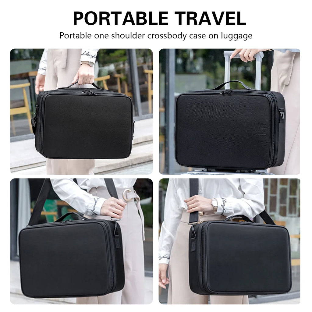 Black, rectangular professional barber travel bag with handle, shoulder strap, and luggage trolley sleeve.